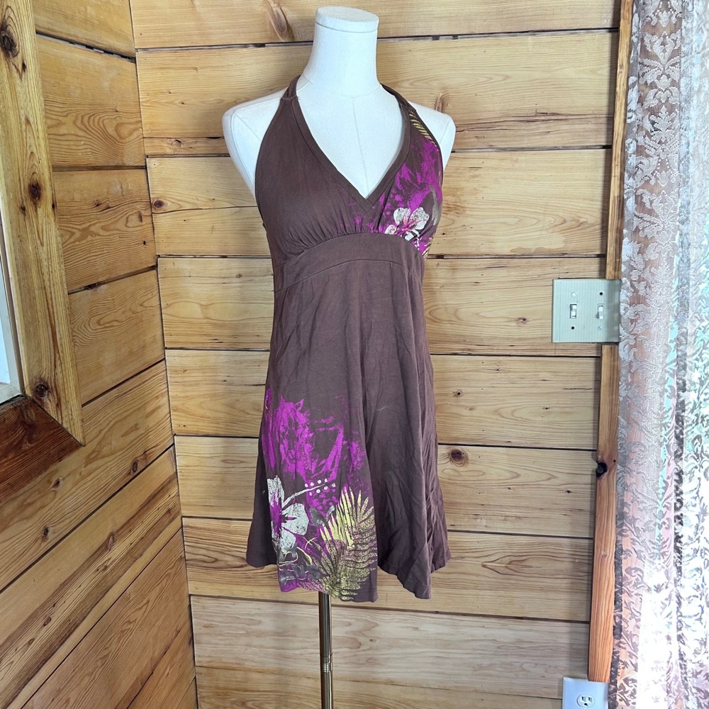 Vintage Halter Dress Women Medium Brown Pink Hibiscus Tropical Floral DKNY JEANS